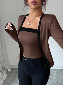Elenzga Set 2 Potong Atasan Cardigan dan Tanpa Lengan Rajut Patchwork Elegan untuk Wanita - Coffee Brown - View 5