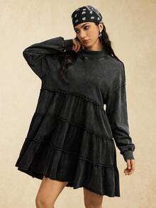 SHEIN EZwear Đầm dài tay dài tay bồng, cổ cao, vai rớt, dáng suông, màu trơn dành cho nữ, kiểu dáng thường ngày. - màu đen - Xem 6