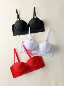 SHEIN 3件套性感蕾丝聚拢浪漫简约钢圈可调节抹胸式文胸女士