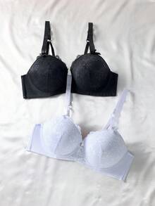 SHEIN 2pcs/Set Plus Size Women Lace Patchwork Minimalist Underwire Bra With Adjustable Straps, Supportive & Shaping, Lift - Black and White - View 1