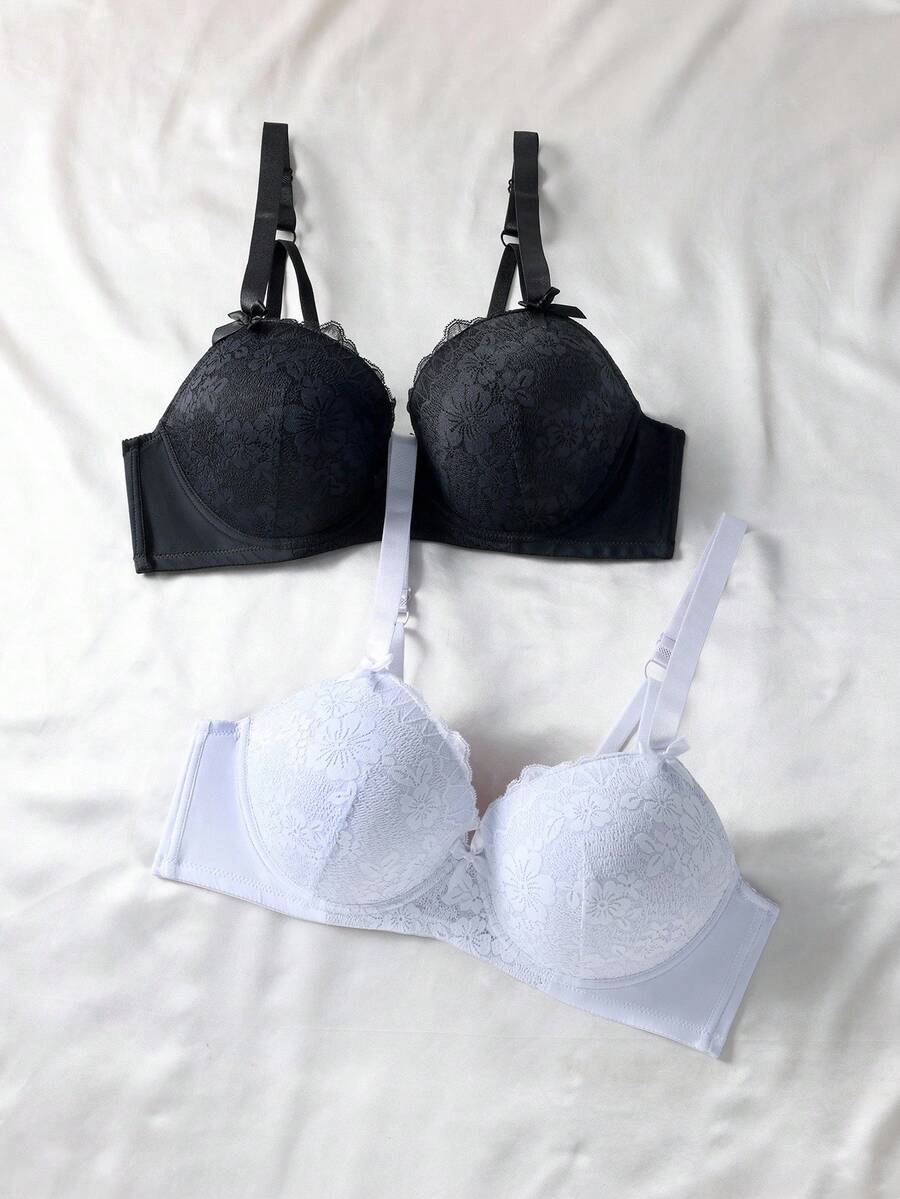 SHEIN 2pcs/Set Plus Size Women Lace Patchwork Minimalist Underwire Bra With Adjustable Straps, Supportive & Shaping, Lift - Black and White - View 1
