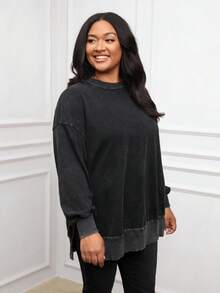 SHEIN PETITE CURVE Plus Size Solid Color Round Neck Casual Versatile Long Sleeve Sweatshirt Winter Clothes Women Rave Outfits Winter Clothes For Women Tops Hoodies Plus Size Sweatshirts Oversized Tops Full Length Tops Basic Tops