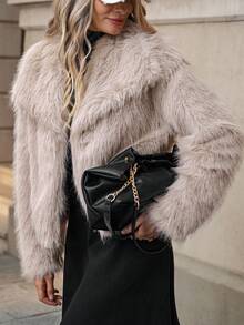 Solivie 秋冬女士优雅短款仿毛领夹克 - 卡其色 - 查看 4