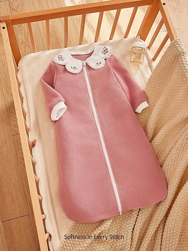 Cozy Pixies 1 Piece Baby Long-Sleeved Sleeping Bag Thickened Petal Collar Embroidered Flower Pattern, Cold-Proof, Thickened And Warm