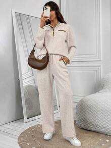 EMERY ROSE 女式休闲纽扣连帽衫上衣和裤子两件套，秋季 - 卡其色 - 查看 4