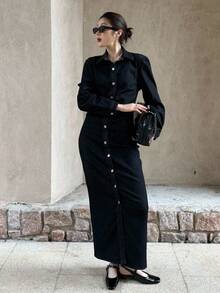 K-Vae Women's Winter Black Denim Long Dress, Elegant Button-Down Long-Sleeved Dress, Waist-Hugging Daily Commuting Dress,New Year's Wear - Black - View 2