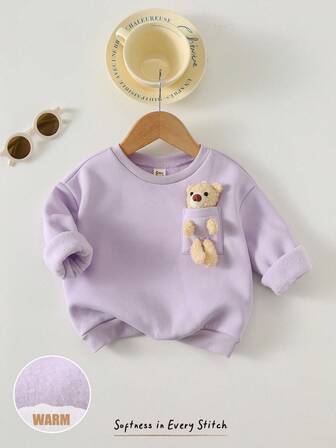 Cozy Pixies Baby Girl Cartoon 3D Bear Plush Decor Pocket Round Neck Long Sleeve Hoodie Sweatshirt, Comfortable Versatile Fashionable Casual Cute Minimalist Basic Style, Suitable For Autumn/Winter Indoor, Outdoor Leisure, Skiing, Back To School, Daily Wear, Sports, Play, Party, Festival, Halloween, Christmas, New Year, Valentine's Day, Multi-Occasion