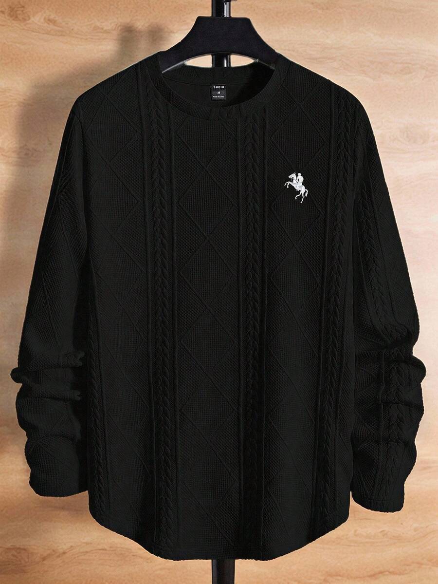 HIMLAND 男士休闲纯色刺绣长袖T恤，秋季款 - 黑色 - 查看 1