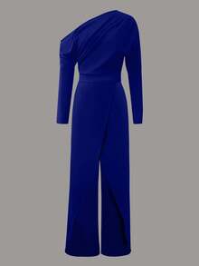 INAWLY Women's Solid Color Asymmetric Neck Ruffle Palazzo Jumpsuit, Elegant Fall Cloth For Women - Blue - View 3