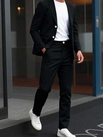 SHEIN 2 件套青少年男童休闲西装套装，绅士风格街头潮流朋克摇滚校园装，适合春夏季节