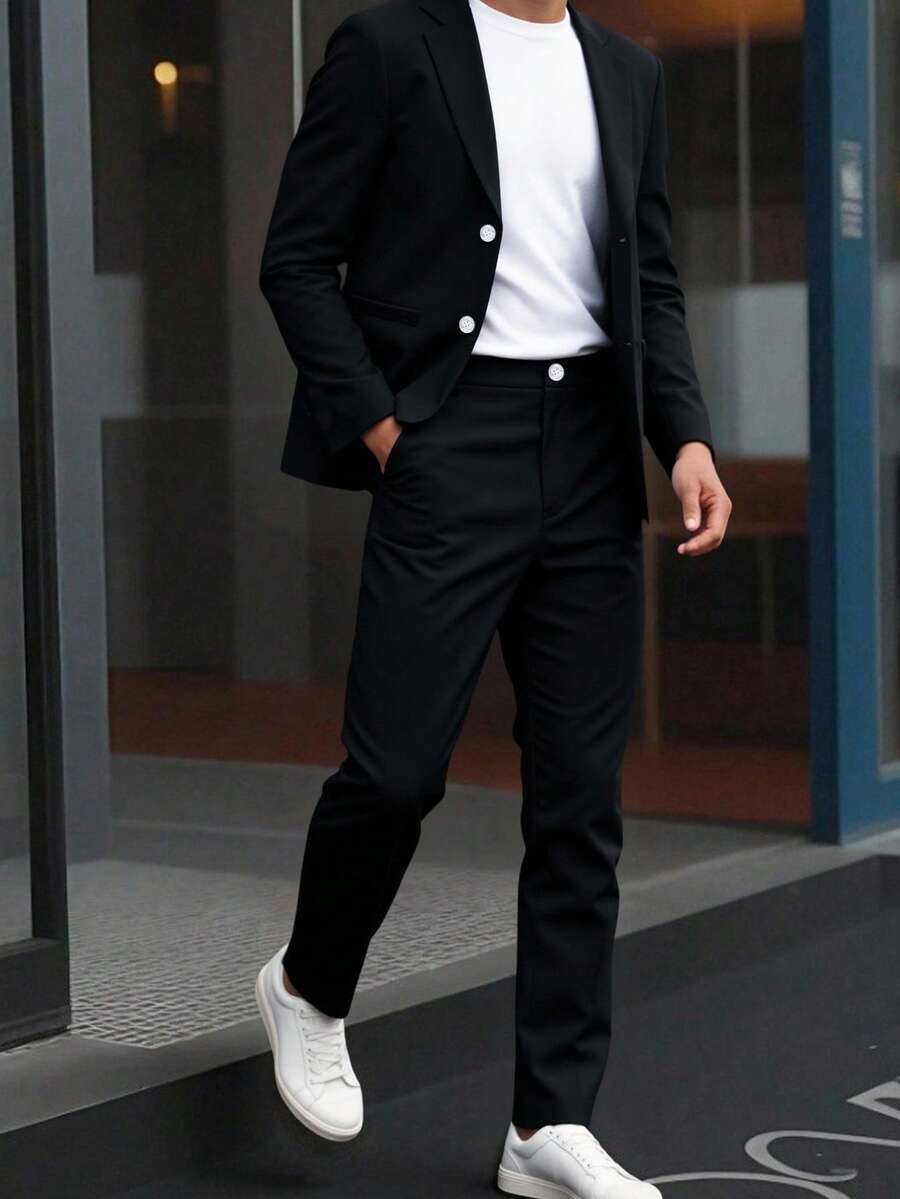 SHEIN 两件套青少年男童休闲西装套装,绅士风街头朋克摇滚校园装,适合春夏、冬季、秋季穿着,黑色上衣,黑色裤子,秋季上衣,冬季外套 - 黑色 - 查看 1