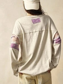 Bohemela Boho Autumn/Winter Outerwear, Women's Fashionable Vintage Patchwork Bohemia Paisley Pattern V-Neck Long Sleeve Loose T-Shirt, Western Country Style Concert Vacation, Suitable For Vacation & Daily Wear & Back To School, Christmas - Apricot - View 7