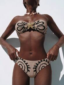 Lumivelle Conjunto de bikini bandeau con estampado floral minimalista y casual para mujer, apto para uso diario, para vacaciones de verano en la playa