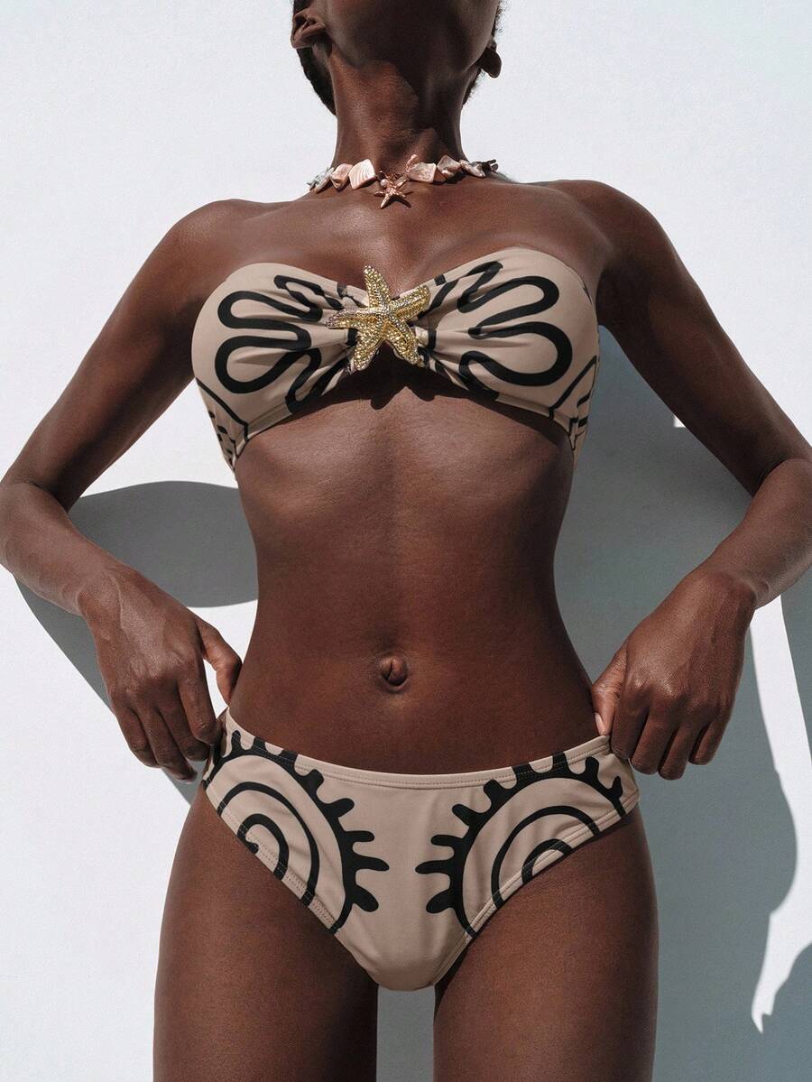 Lumivelle Conjunto de bikini bandeau con estampado floral minimalista y casual para mujer, apto para uso diario, para vacaciones de verano en la playa