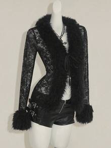 SHEIN ICON 女式花卉蕾丝拼接长袖系带时尚衬衫 - 黑色 - 查看 4