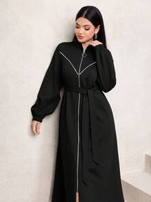 Graceveil Elegant Waist Cinched Long Sleeve Stand Collar Minimalist Design Outerwear, Flattering Silhouette, Suitable For Autumn/Winter Abayas - Black - View 6