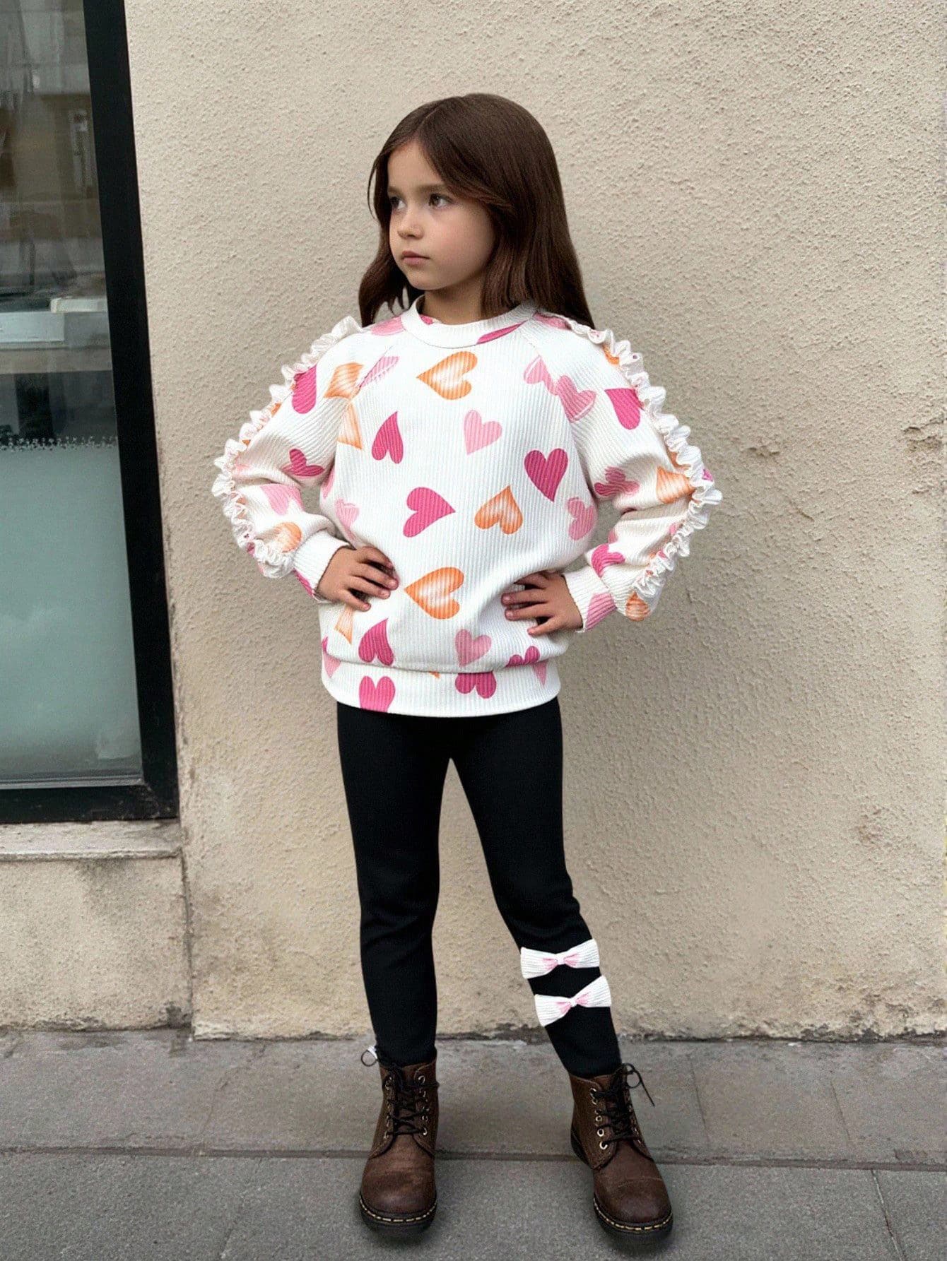 2pcs Young Girls Knitted Textured Digital Print Cute Heart Pattern Layered Colorful T-Shirt Set, With Floral Trim Sleeves Design, Suitable For All Seasons - Multicolor - View 1