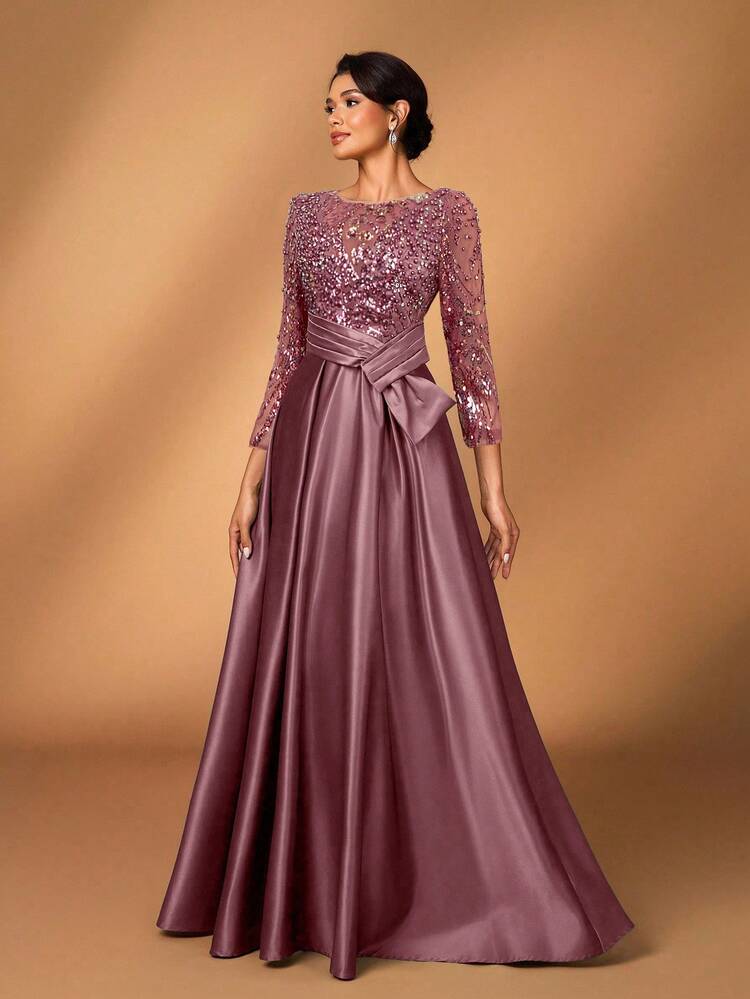 Serin Rochie elegantă și luxoasă, transparentă, cu mânecă lungă, brodată din dantelă, cu flori, cu perle și funde, potrivită pentru nuntă, petrecere, vacanță, bal, rochie de seară pentru mireasă, mama miresei, Ziua Îndrăgostiților - Roz praf - Vizualizare 4
