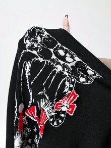 ROMWE Gothic Dark Mysterious Cat Skeleton Christmas Intarsia Loose Pullover Sweater - Black - View 10