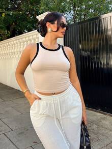 NegzBox Áo crop top bó màu tương phản mùa hè màu mơ và đen - Màu be - Xem 1