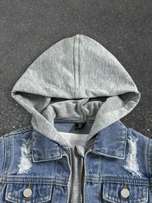 SHEIN 男童复古街头风十字刺绣拼接蓝色牛仔针织连帽夹克，秋冬款，适合日常穿着、街头风、万圣节、圣诞节等场合，保暖百搭。 - 淺色水洗藍 - 查看 3