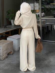 DAZY 女士秋季落肩毛绒连帽卫衣和阔腿裤休闲两件套运动服套装，女士家居服套装 - 黑色 - 查看 8