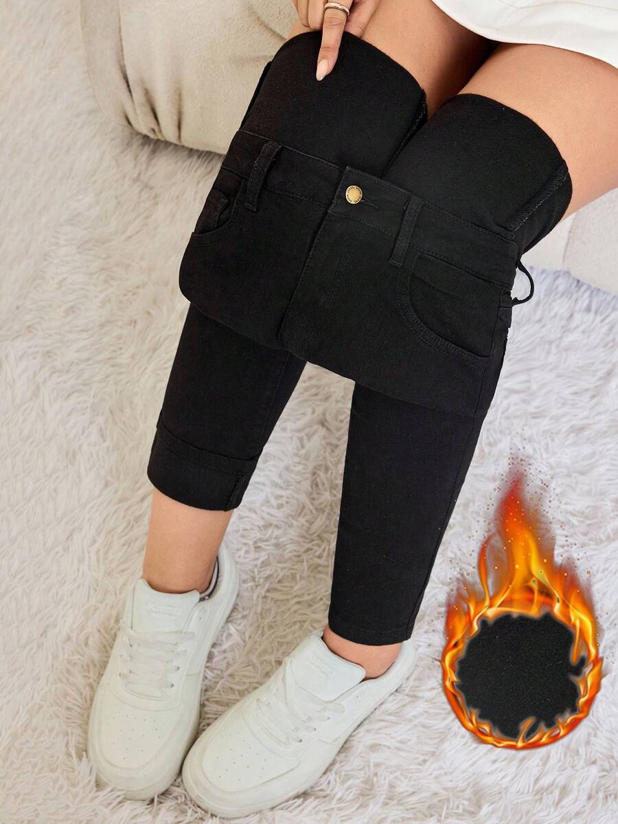 SHEIN Tall 秋冬女式高腰带口袋保暖内衬修身休闲百搭牛仔裤，冬季保暖内衬时尚舒适修身黑色牛仔裤 - 黑色 - 查看 1