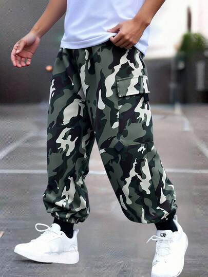 SHEIN Tween Boys' Casual Camo Print Pockets Loose Fit Drawstring Cargo Pants, Suitable For Commuting, School, Daily Casual, Travel, Sports, Spring/Summer/Autumn/Winter, Camo Cargo Pants, Baggy Camo Pants Fall