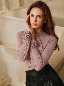 Anewsta Women's Christmas, Elegant Bowknot Embellished Rhinestone 3D Flower Sweater, Christmas Pullover, Suitable For Autumn/Winter, Thanksgiving - Dusty Pink - View 6