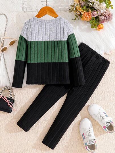 Young Girl Striped Round Neck Long Sleeve T-Shirt And Pants Casual Outfit, Autumn