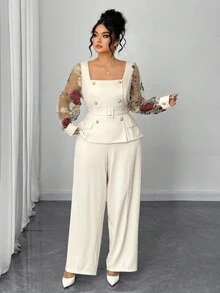 Elenzga Plus Size Women Elegant Contrast Mesh Embroidered Long Sleeve Blouse And High Waist Wide Leg Pants 2 Pieces Set - Apricot - View 3