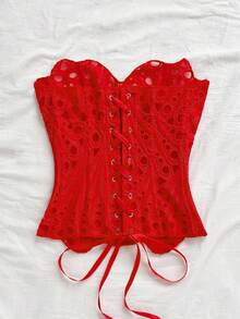 Soleia European & American Style Sexy Avant-Garde Lace Double-Layer Corset Bustier, Fishbone Contoured, Hollow Embroidered Shapewear, Red - Red - View 2