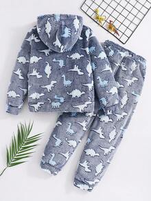 SHEIN 2 件套青少年男孩可爱恐龙图案连帽长袖上衣和柔软毛绒睡裤套装，舒适亲肤，秋冬 - 藍色 - 查看 4