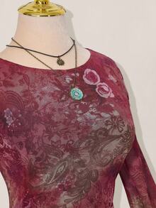 SHEIN ICON 女式复古印花喇叭袖迷你连衣裙 - 彩色 - 查看 7