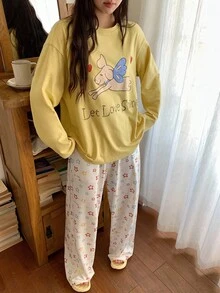 DAZY Cartoon & Letter Graphic Drop Shoulder Top & Pants PJ Set Fall Winter Clothes - Yellow - View 3