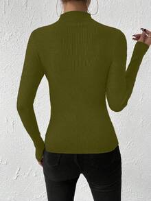 SHEIN Sweater Wanita Lengan Panjang Kerah Tegak Warna Polos, Pas Badan, Musim Gugur/Dingin - Olive Green - View 3