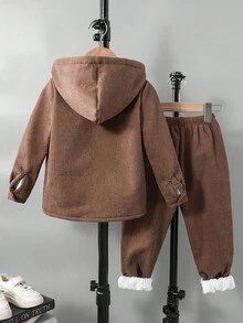 Genkimix Kids Young Boy Casual Fleece Hoodie And Pants Set, Autumn/Winter - Brown - View 2