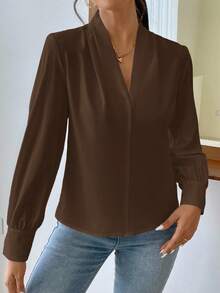 Firerie 女式纯色V领休闲/工作长袖衬衫 - 咖啡棕 - 查看 3