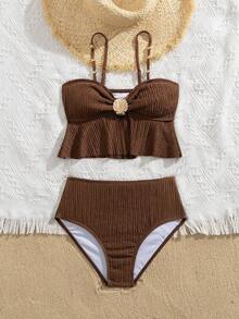 SHEIN Girls Cute Ruffle 2 Pieces Swimsuit Set, Suitable For Beach, Vacation - Brown - View 3