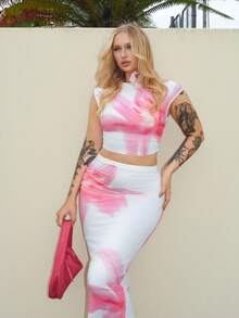 Arliah 女士斜肩不对称褶饰修身两件套，适合夏季/暑假/夏威夷/海岛度假村/生日派对 - 粉色 - 查看 3