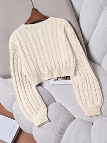 Franclia 女式休闲圆领落肩长袖麻花图案毛衣，秋冬 - 杏色 - 查看 2