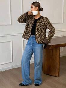 Livesso Women's Elegant Loose Jacket With Animal Print, Thermal Lining, Color Blocking, Suitable For Business Casual, New Year, Christmas, Autumn/Winter Leopard Print Women Coats - Brown - View 7