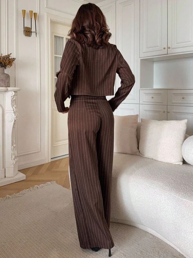 Women's Casual Striped Cropped Blazer And Wide Leg Pants Suit Set, Autumn Business Attire