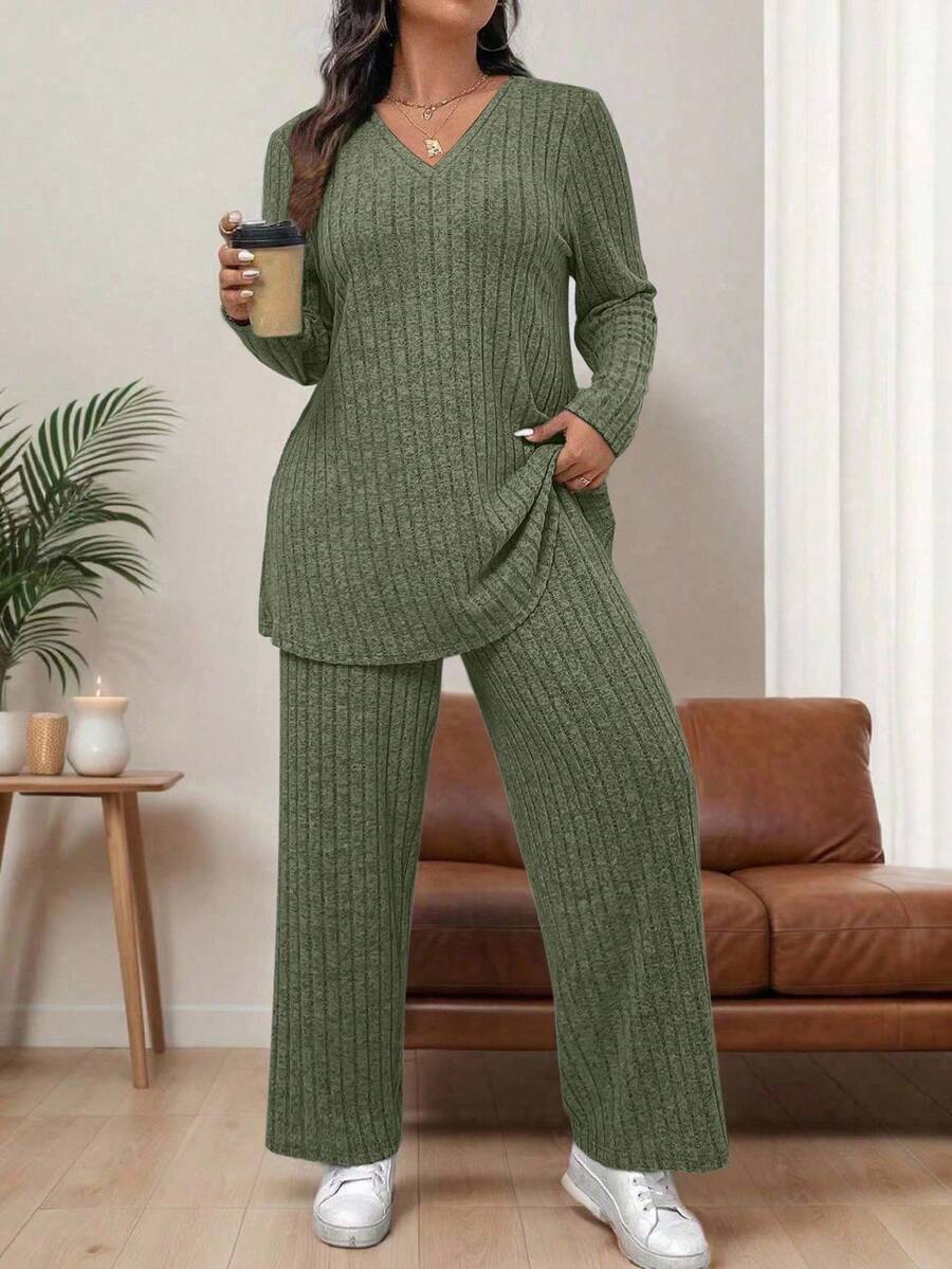 SHEIN LUNE Plus Size Women 2 Pieces Set, V-Neck Ribbed Long Sleeve T-Shirt And Casual Pants, Loose Fit, Autumn Fall Cloth For Women - Dark Green - View 1