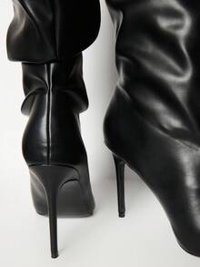 MUSERA Slouch Faux Leather Black Pointed Toe Heeled Knee-High Boots For