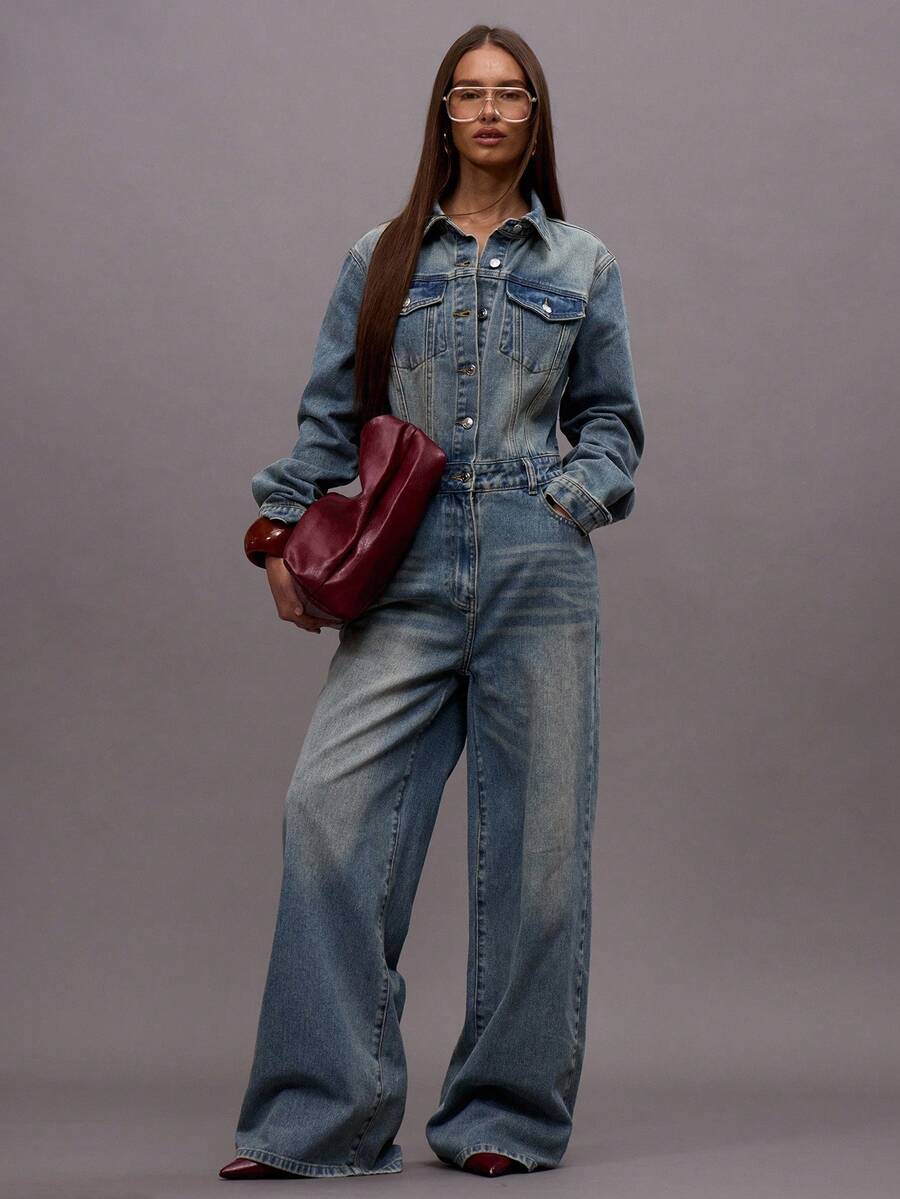 MUSERA Washed Dark Denim Button Down Jumpsuit Autumn Fall Winter Night Out Going Out Streetwear Cute Back To School Sexy  Chic - Blue - View 1