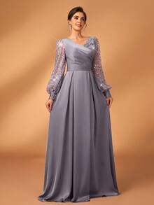 Serin 女士优雅奢华灰色闪亮串珠亮片装饰缎面长袖交叉 V 领褶皱 A 字下摆新娘母亲婚礼宾客派对礼服 - 灰色 - 查看 5