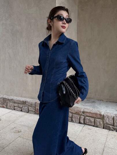 K-Vae Camisa vaquera básica de ajuste ceñido para mujer, estilo "Old Money", para usar en Año Nuevo