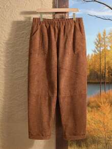 Rusticease Pantalon en velours côtelé de couleur unie marron avec poches pour femmes grandes tailles, automne/hiver, sortie, nouveauté 2025, simple et pour un port quotidien, Noël - Tabac - Voir 4