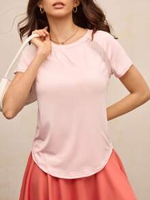 Activina 女式纯色圆领插肩袖短袖运动T恤健身衫 - 粉色 - 查看 7